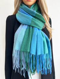 LONG GREEN BLUE WOOL MIX CHECKED TARTAN SCARF