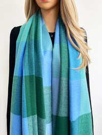 LONG GREEN BLUE WOOL MIX CHECKED TARTAN SCARF