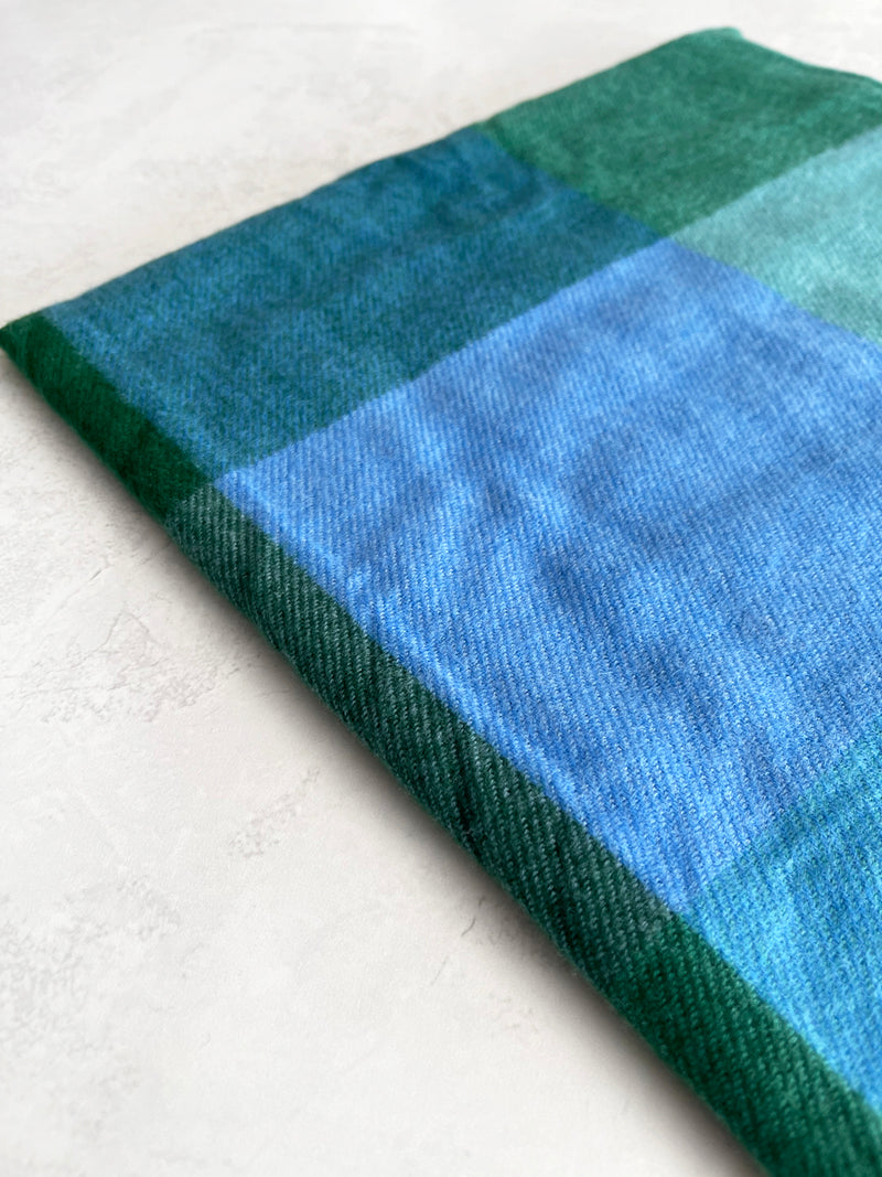 LONG GREEN BLUE WOOL MIX CHECKED TARTAN SCARF