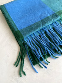 LONG GREEN BLUE WOOL MIX CHECKED TARTAN SCARF