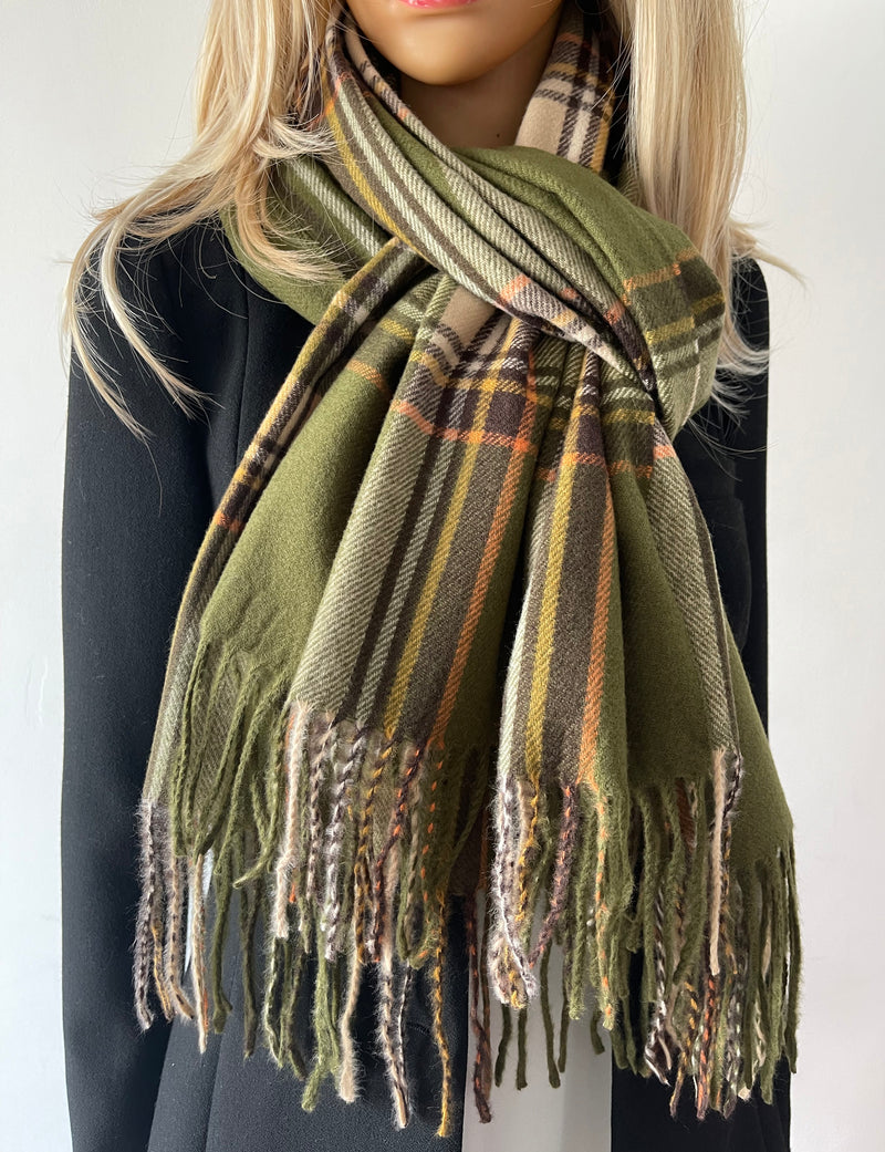 LONG GREEN WOOL MIX CHECKED TARTAN SCARF