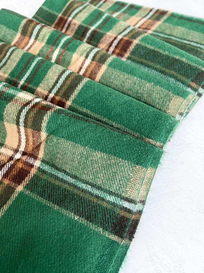 LONG GREEN WOOL MIX CHECKED TARTAN SCARF