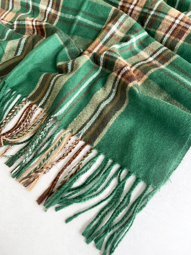 LONG GREEN WOOL MIX CHECKED TARTAN SCARF