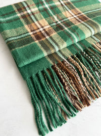 LONG GREEN WOOL MIX CHECKED TARTAN SCARF