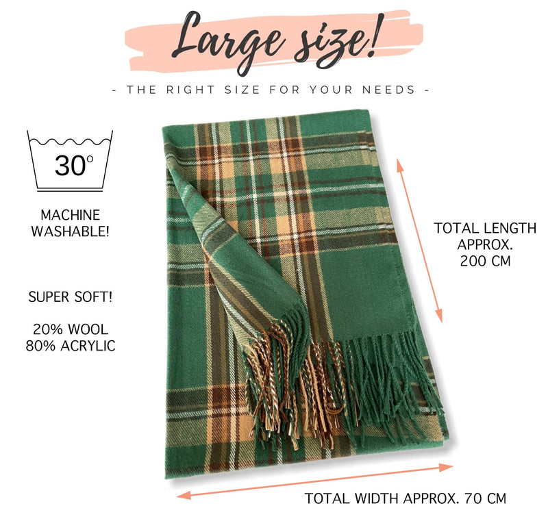 LONG GREEN WOOL MIX CHECKED TARTAN SCARF