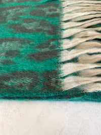 LONG GREEN WOOL MIX FLUFFY OVERSIZED LEOPARD PRINT SCARF