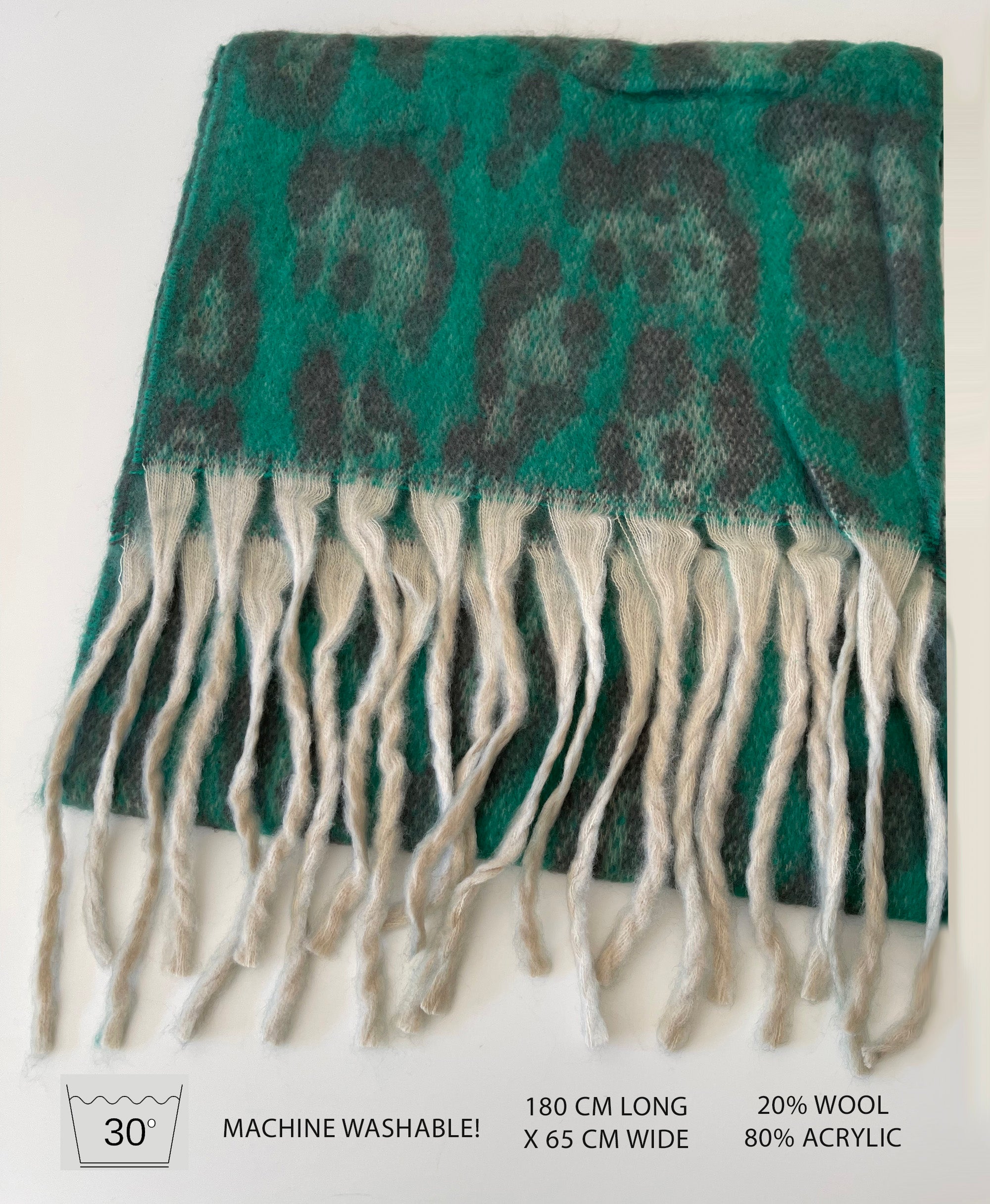 LONG GREEN WOOL MIX FLUFFY OVERSIZED LEOPARD PRINT SCARF