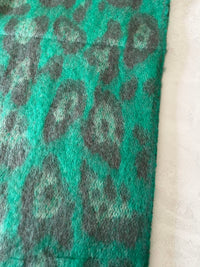 LONG GREEN WOOL MIX FLUFFY OVERSIZED LEOPARD PRINT SCARF