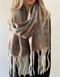 LONG MOCHA WOOL MIX FLUFFY OVERSIZED LEOPARD PRINT SCARF