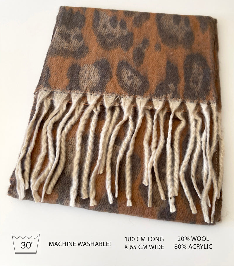 LONG MOCHA WOOL MIX FLUFFY OVERSIZED LEOPARD PRINT SCARF