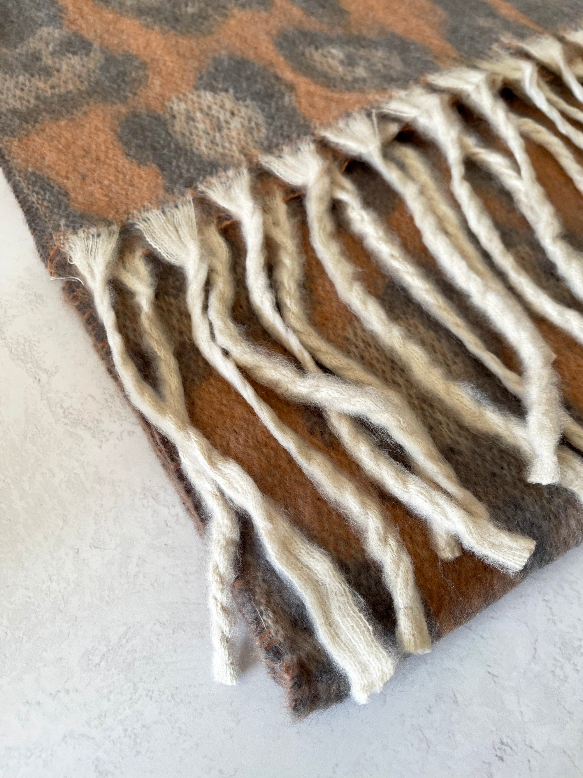 LONG MOCHA WOOL MIX FLUFFY OVERSIZED LEOPARD PRINT SCARF