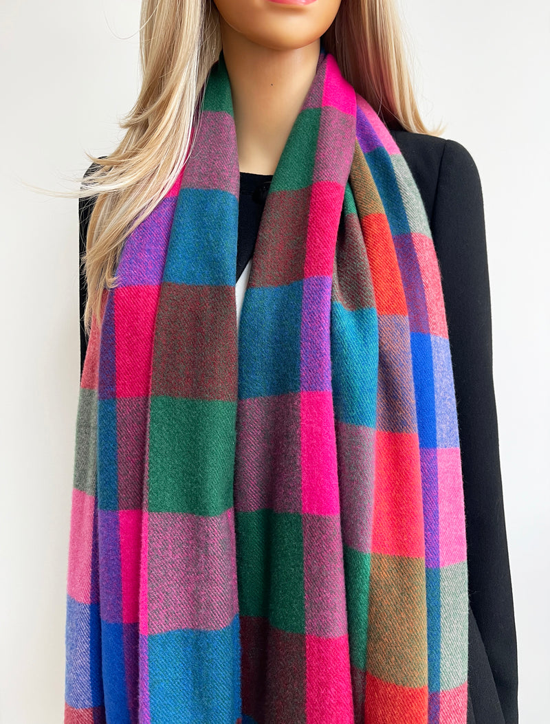 LONG MULTI COLOURED WOOL MIX CHECKED TARTAN SCARF