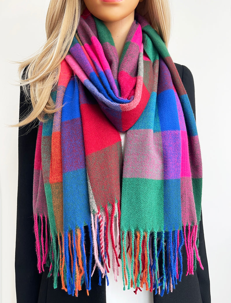 LONG MULTI COLOURED WOOL MIX CHECKED TARTAN SCARF