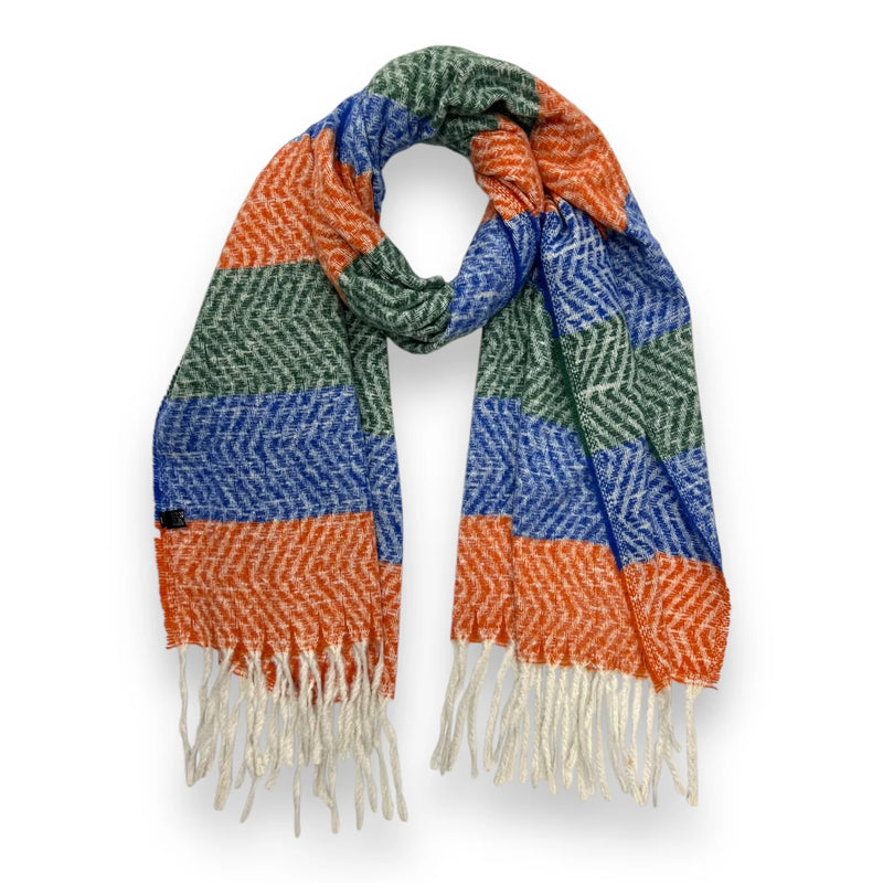 LONG ORANGE BLUE WOOL BLEND STRIPED SCARF