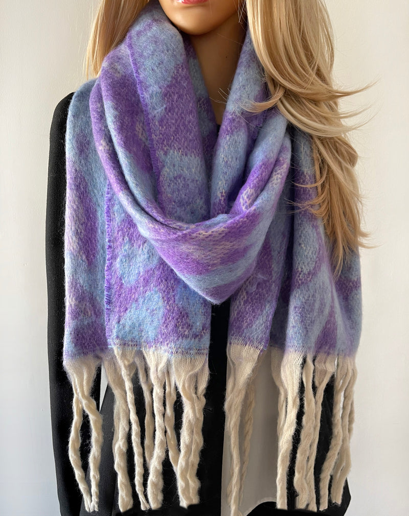 LONG PURPLE WOOL MIX FLUFFY OVERSIZED LEOPARD PRINT SCARF