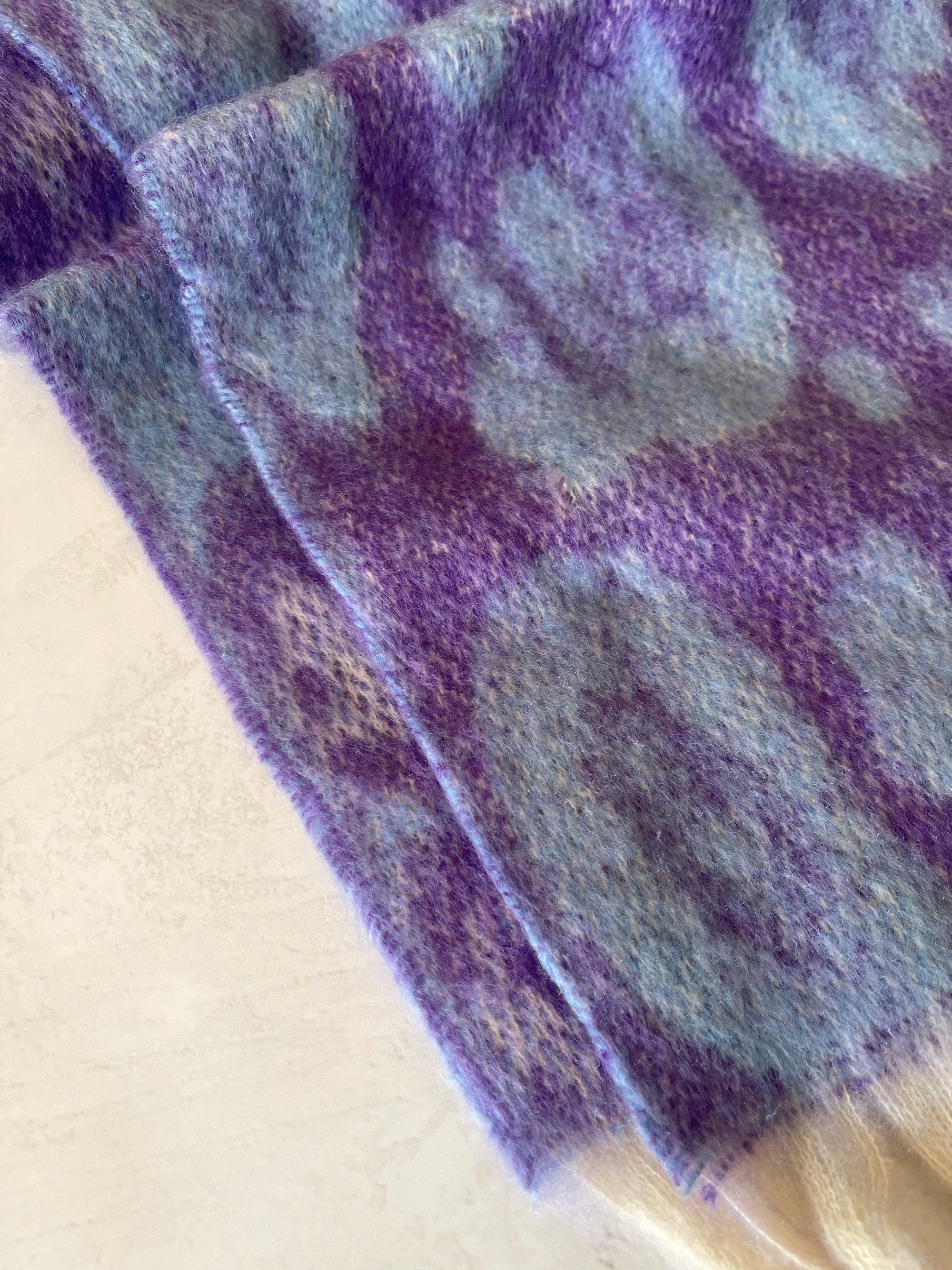 LONG PURPLE WOOL MIX FLUFFY OVERSIZED LEOPARD PRINT SCARF