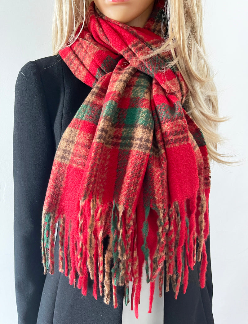 LONG RED CASHMERE MIX CHECKED TARTAN SCARF