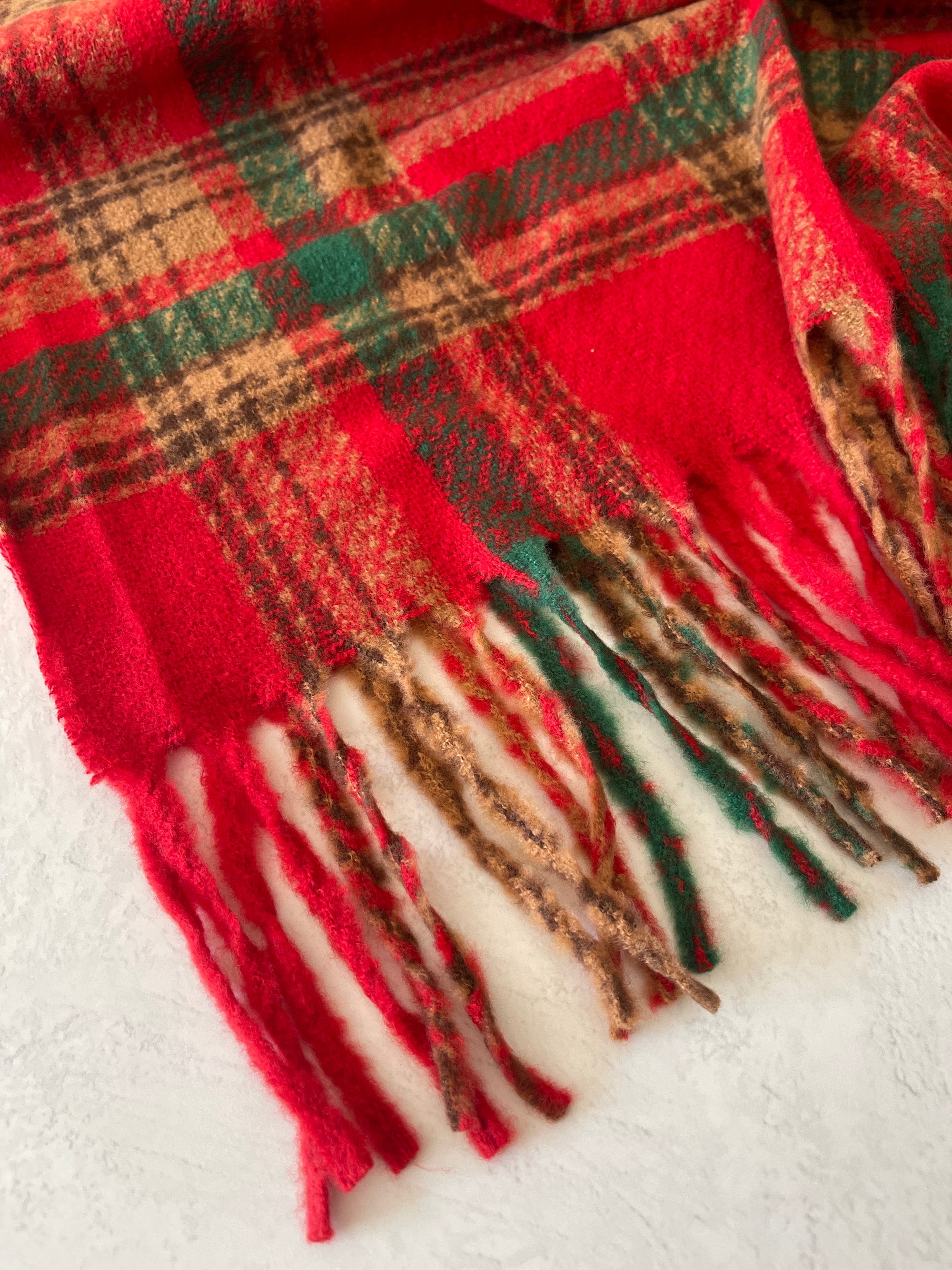 LONG RED CASHMERE MIX CHECKED TARTAN SCARF