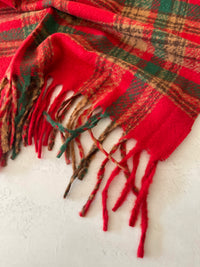 LONG RED CASHMERE MIX CHECKED TARTAN SCARF