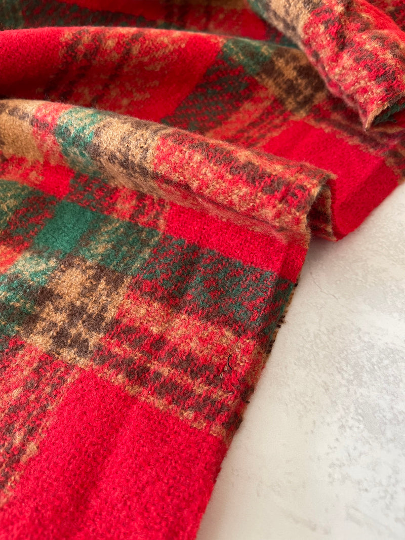 LONG RED CASHMERE MIX CHECKED TARTAN SCARF