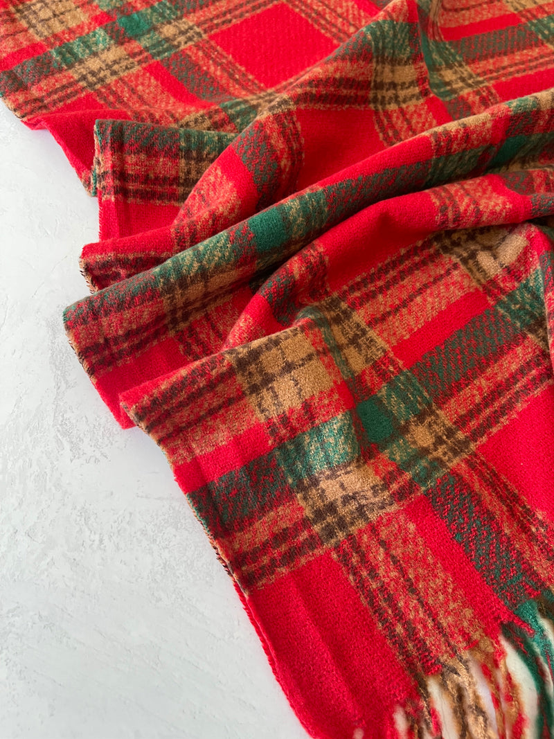 LONG RED CASHMERE MIX CHECKED TARTAN SCARF