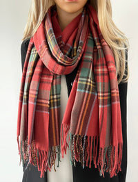 LONG RED WOOL MIX CHECKED TARTAN SCARF