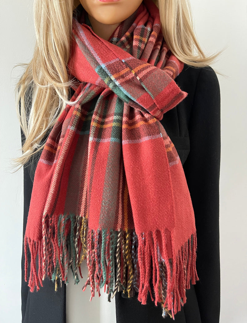 LONG RED WOOL MIX CHECKED TARTAN SCARF