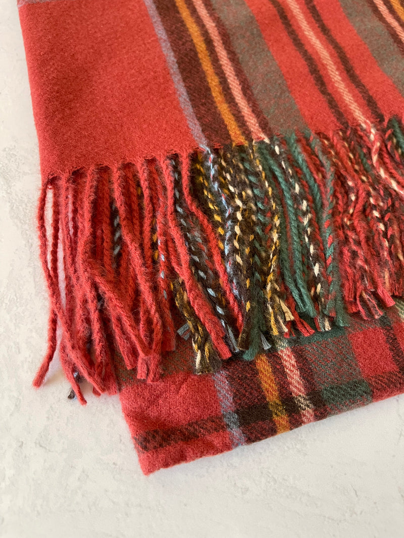 LONG RED WOOL MIX CHECKED TARTAN SCARF