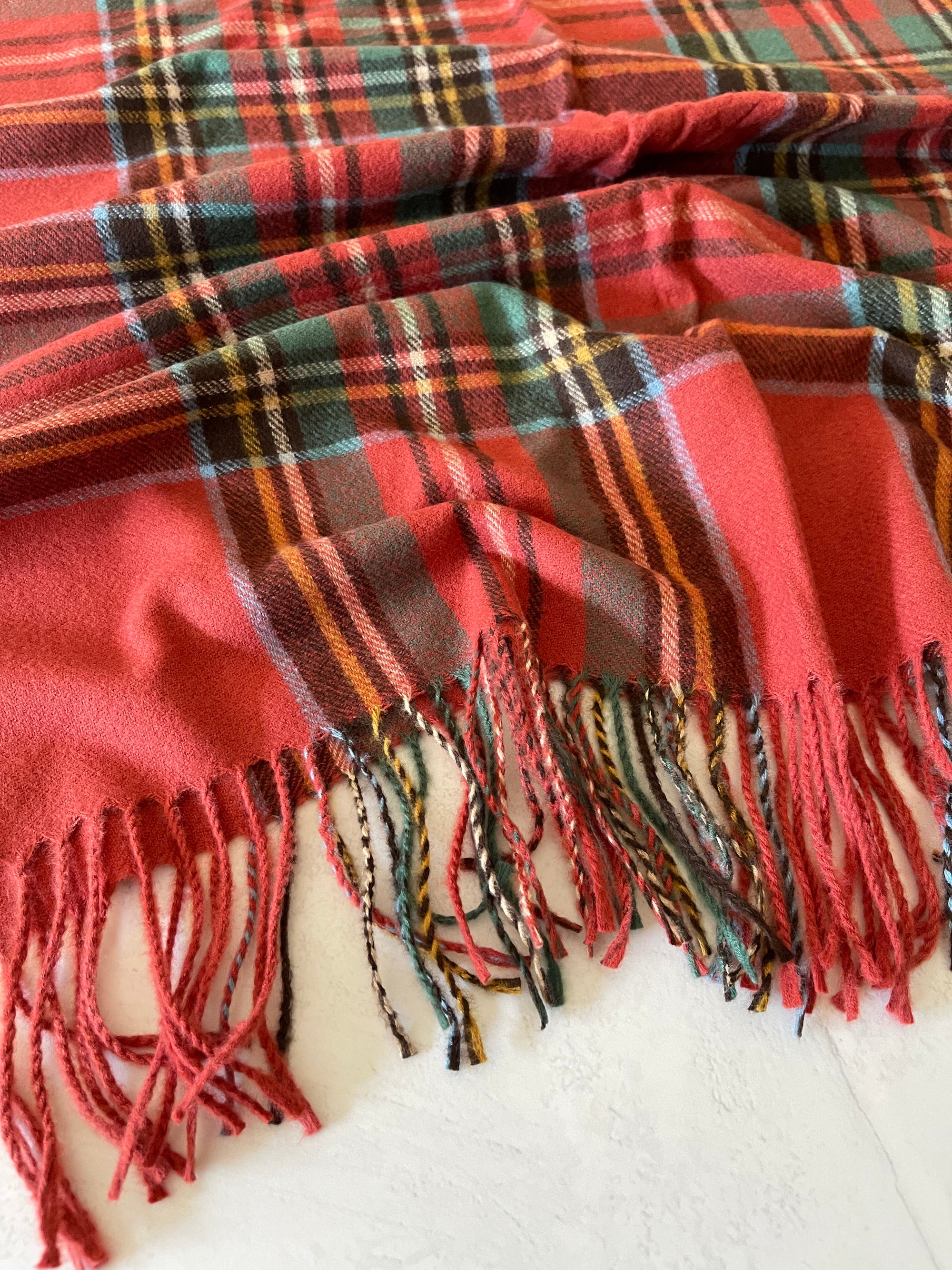 LONG RED WOOL MIX CHECKED TARTAN SCARF