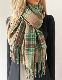 LONG TAUPE CASHMERE MIX CHECKED TARTAN SCARF