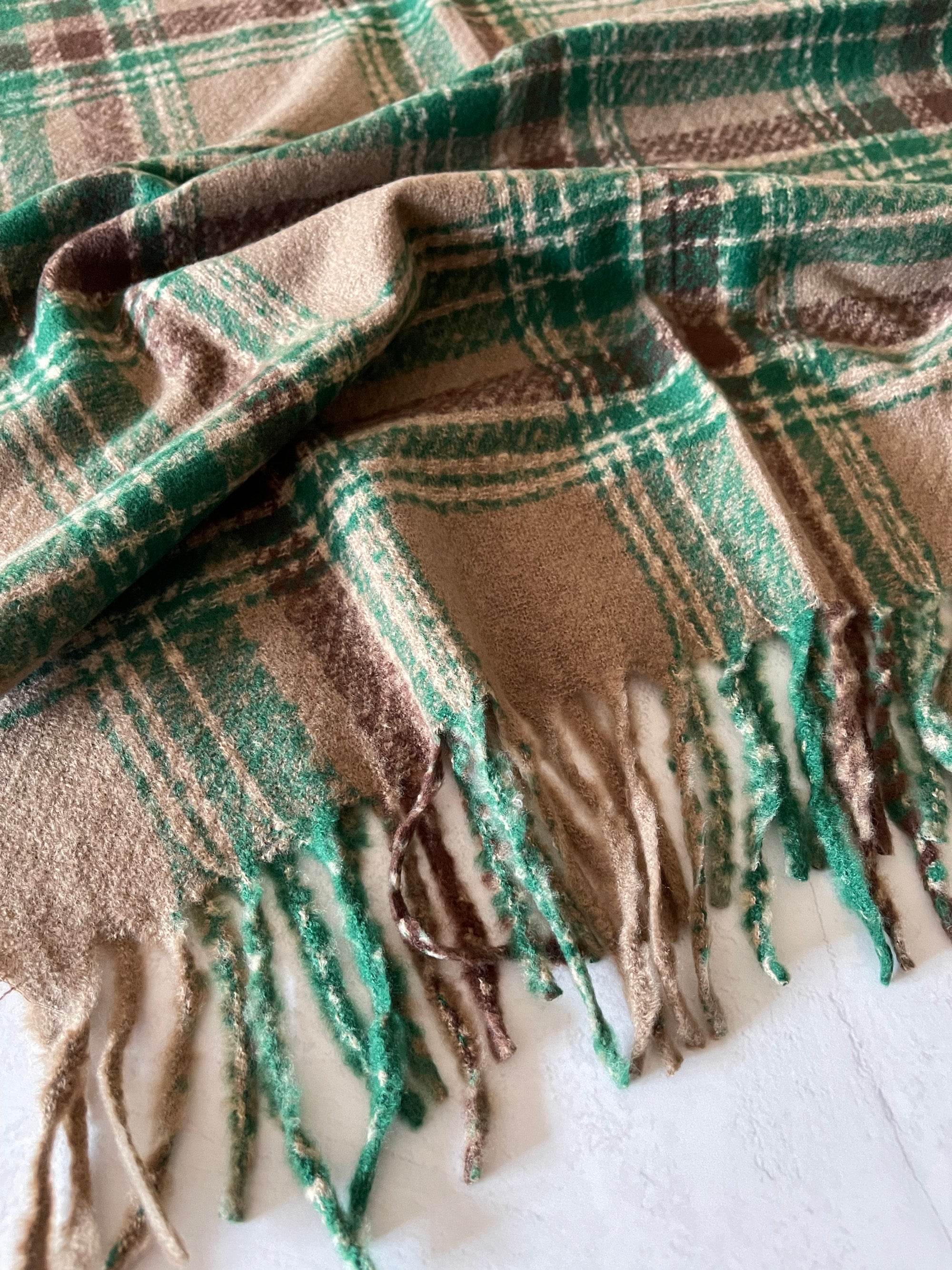 LONG TAUPE CASHMERE MIX CHECKED TARTAN SCARF