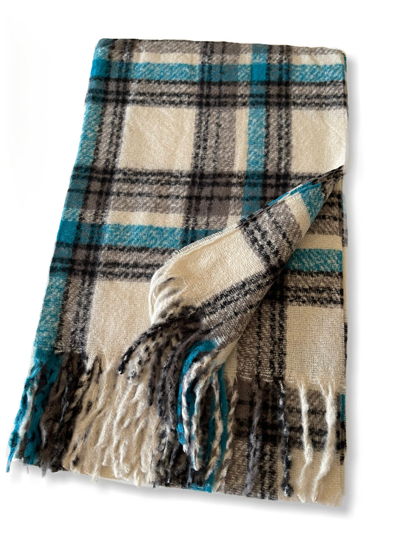 LONG WHITE CASHMERE MIX CHECKED TARTAN SCARF