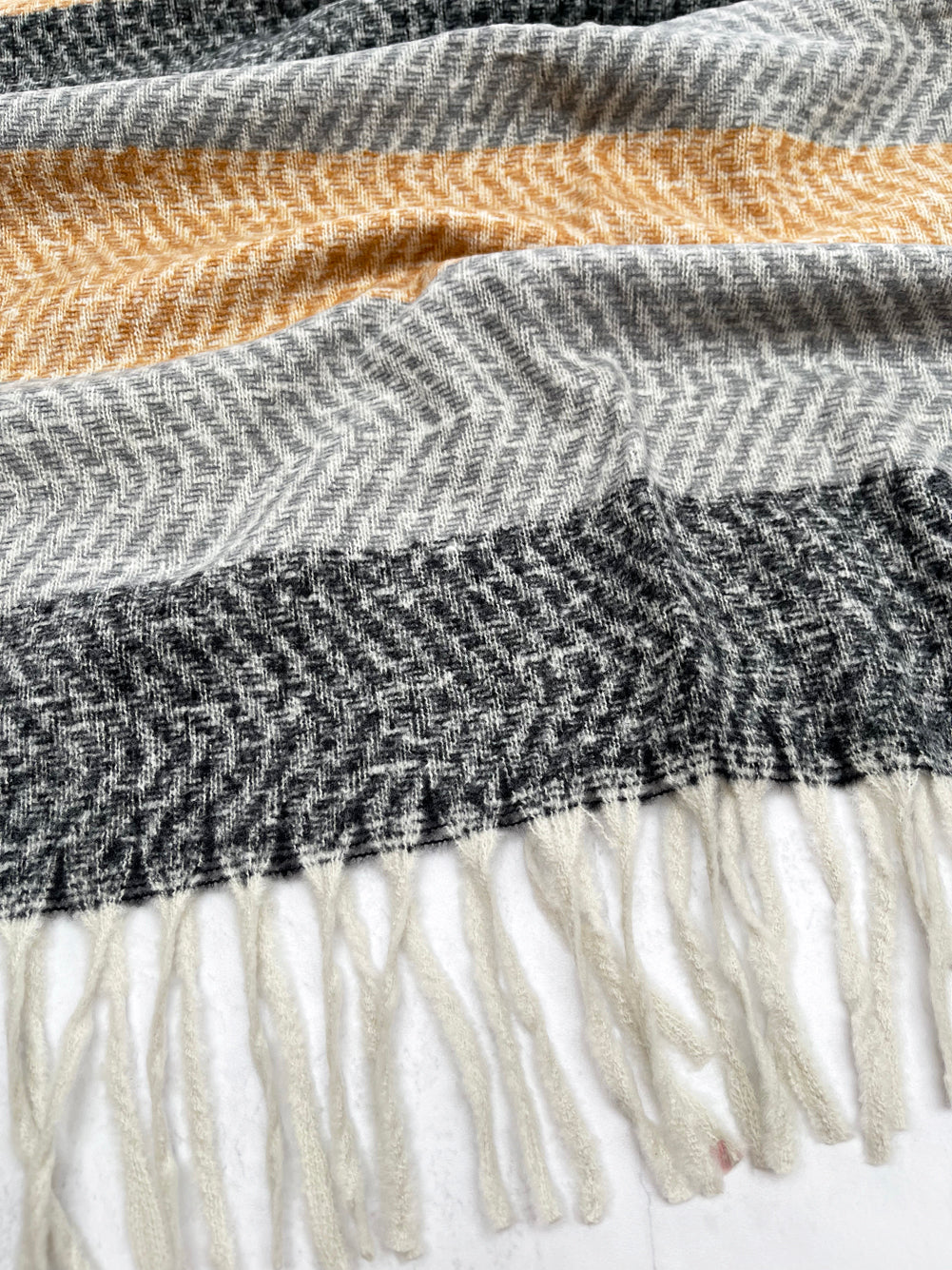 LONG BLACK GREY WOOL BLEND STRIPED SCARF