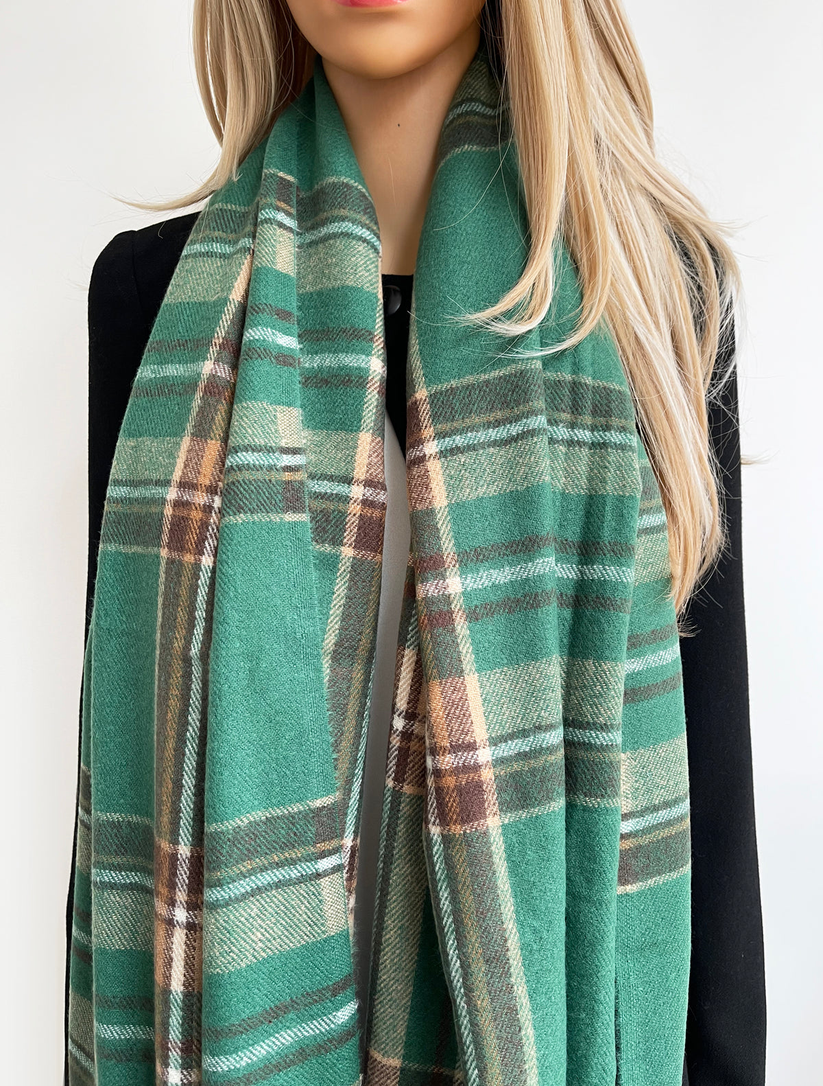 LONG GREEN WOOL MIX CHECKED TARTAN SCARF