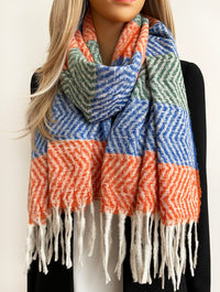 LONG ORANGE BLUE WOOL BLEND STRIPED SCARF