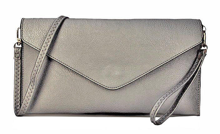 METALLIC PEWTER OVER-SIZED ENVELOPE CLUTCH BAG WITH LONG CROSS BODY AND WRISTLET STRAP