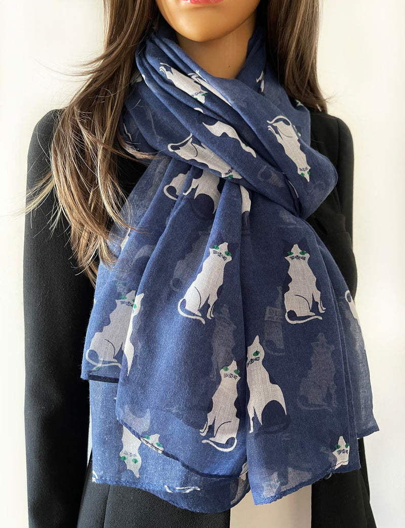 NAVY BLUE ART DECO LIGHTWEIGHT CAT SCARF