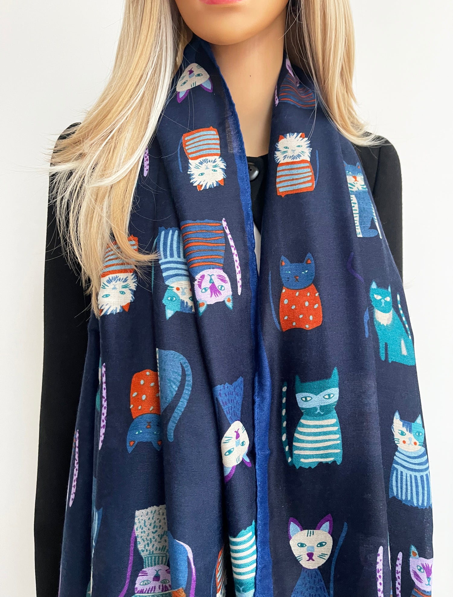 NAVY BLUE COTTON BLEND CAT PRINT LIGHTWEIGHT SCARF