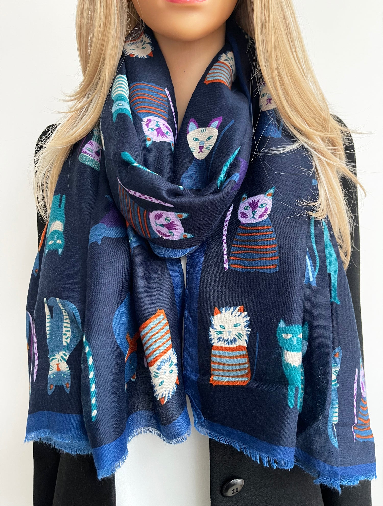 NAVY BLUE COTTON BLEND CAT PRINT LIGHTWEIGHT SCARF