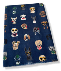 NAVY BLUE COTTON BLEND DOG PRINT LIGHTWEIGHT SCARF
