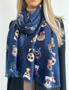 NAVY BLUE COTTON BLEND DOG PRINT LIGHTWEIGHT SCARF