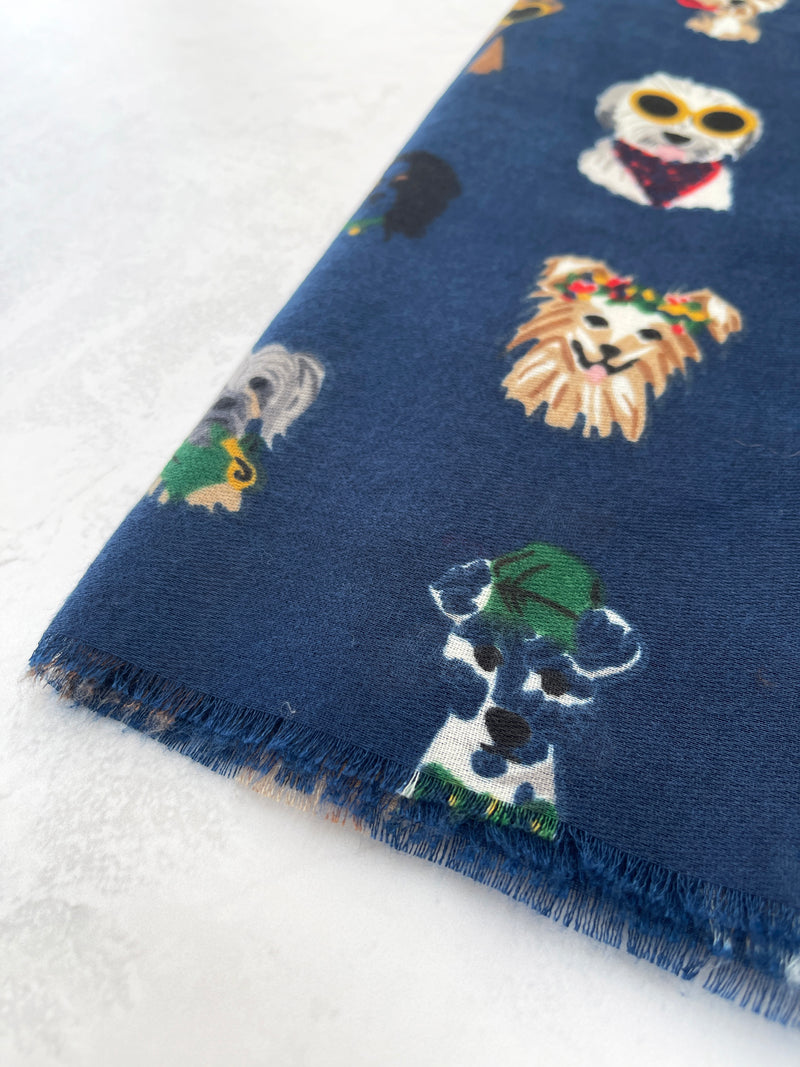 NAVY BLUE COTTON BLEND DOG PRINT LIGHTWEIGHT SCARF