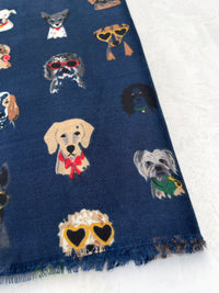 NAVY BLUE COTTON BLEND DOG PRINT LIGHTWEIGHT SCARF