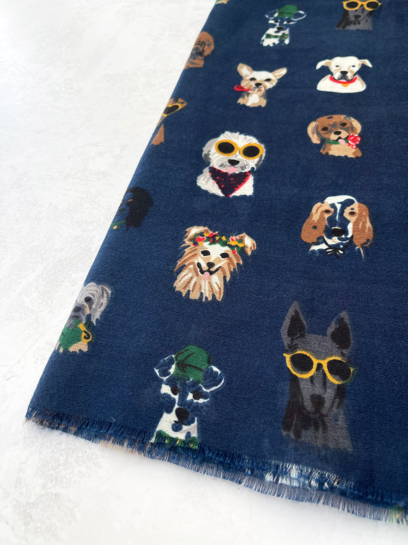 NAVY BLUE COTTON BLEND DOG PRINT LIGHTWEIGHT SCARF