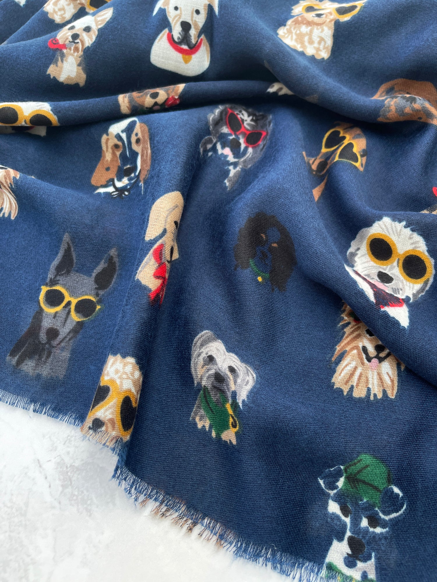 NAVY BLUE COTTON BLEND DOG PRINT LIGHTWEIGHT SCARF