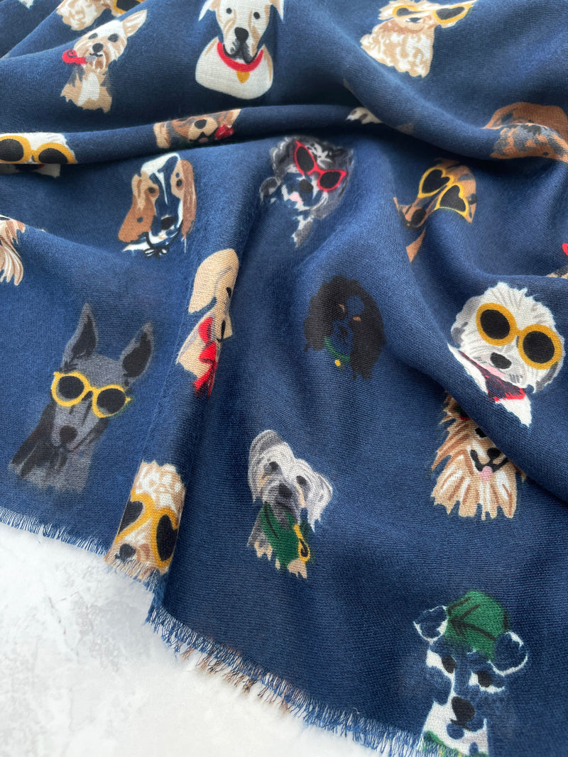 NAVY BLUE COTTON BLEND DOG PRINT LIGHTWEIGHT SCARF