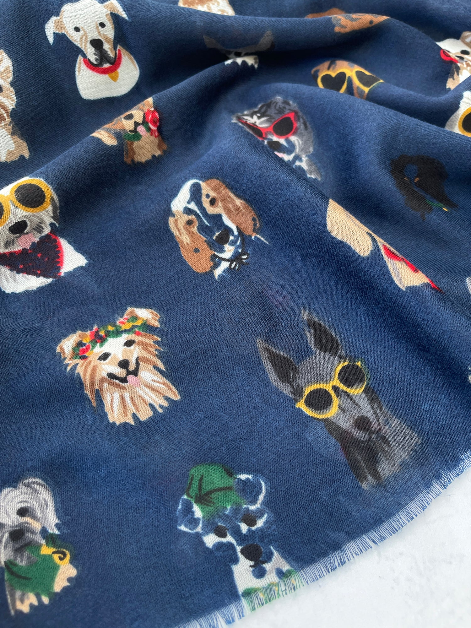 NAVY BLUE COTTON BLEND DOG PRINT LIGHTWEIGHT SCARF