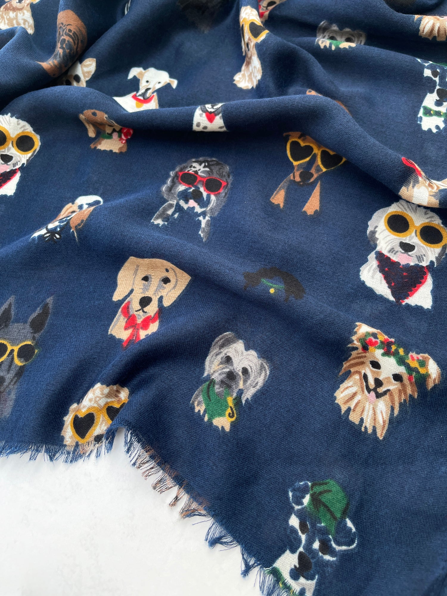 NAVY BLUE COTTON BLEND DOG PRINT LIGHTWEIGHT SCARF
