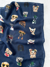 NAVY BLUE COTTON BLEND DOG PRINT LIGHTWEIGHT SCARF