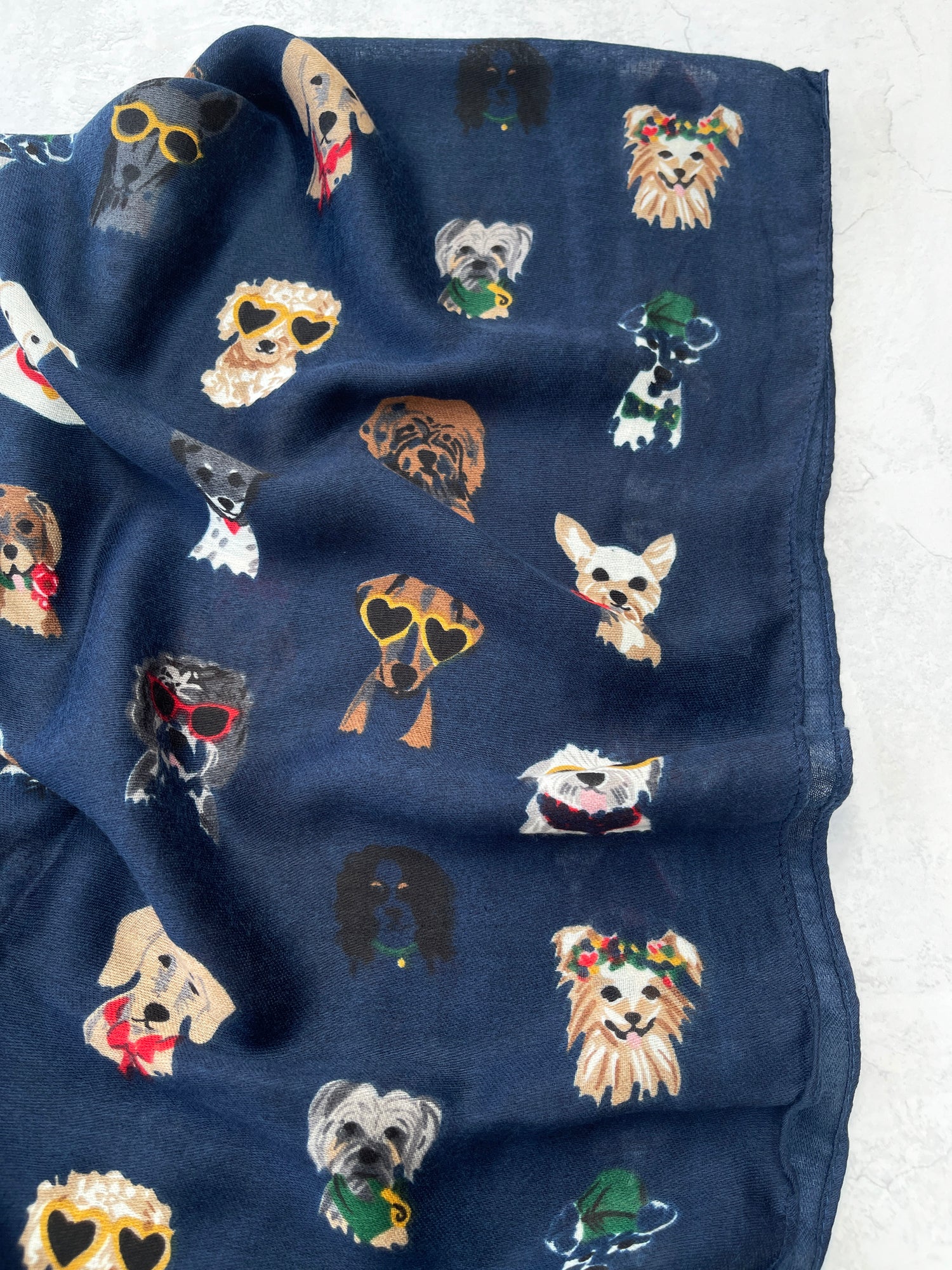 NAVY BLUE COTTON BLEND DOG PRINT LIGHTWEIGHT SCARF